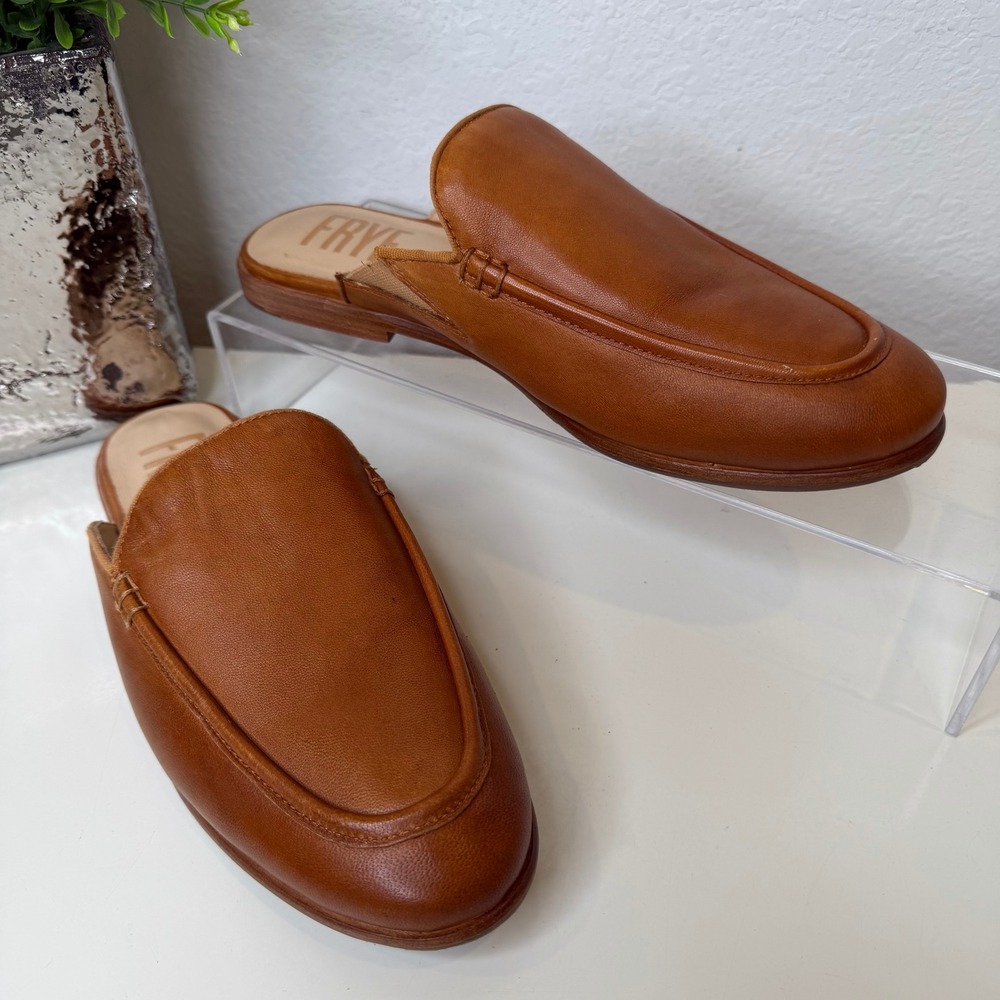 Frye Faith Leather Mules Womens Brown Cognac Slip On Flat Loafer Minimalist 8M